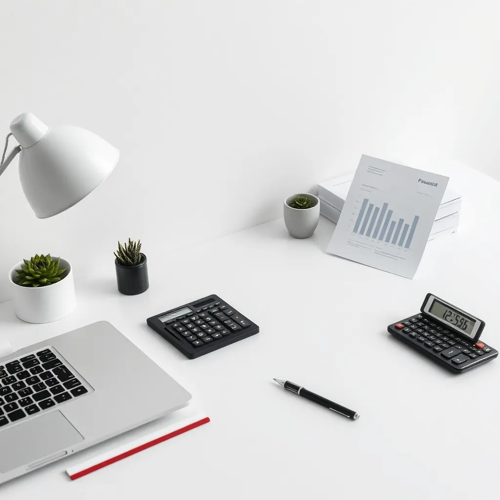 A minimalist office desk with a silver laptop, a calculator,