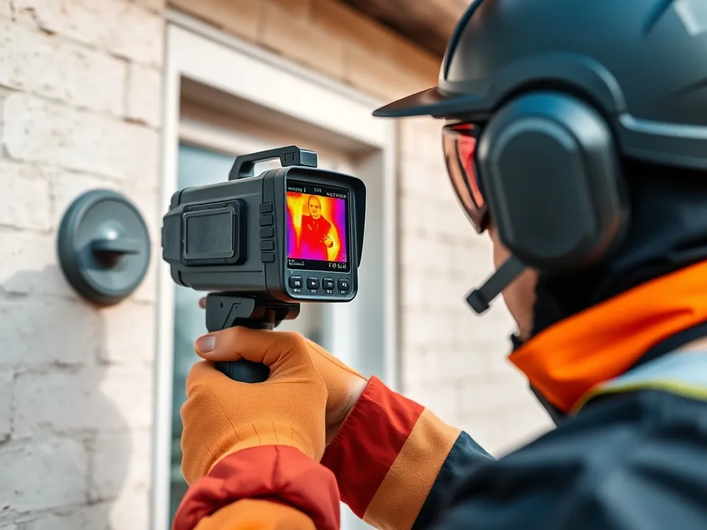 A professional inspector holding a thermal camera pointing a